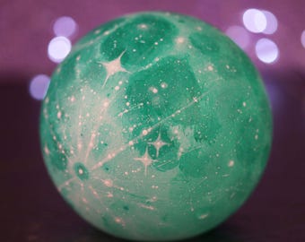Hand Painted Teal Moon Orb, Mid-Century Modern Star Desk Art