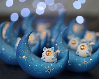 Preorder Kitty Mewn Figurine, Micro cat astronaut on a crescent moon, Hand sculpted clay animal miniature, Cute sci fi kawaii art sculpture