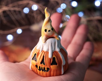 Handmade Candle Jack O'lantern Figurine, Handcrafted and Hand painted Pumpkin sculpture, Made to order