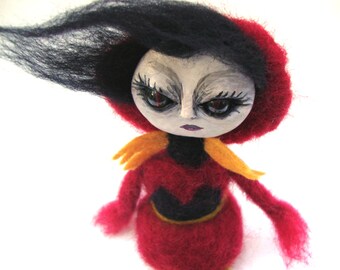 Little red witch OOAK art doll Halloween decor Needle felted goth doll Mixed media soft sculpture