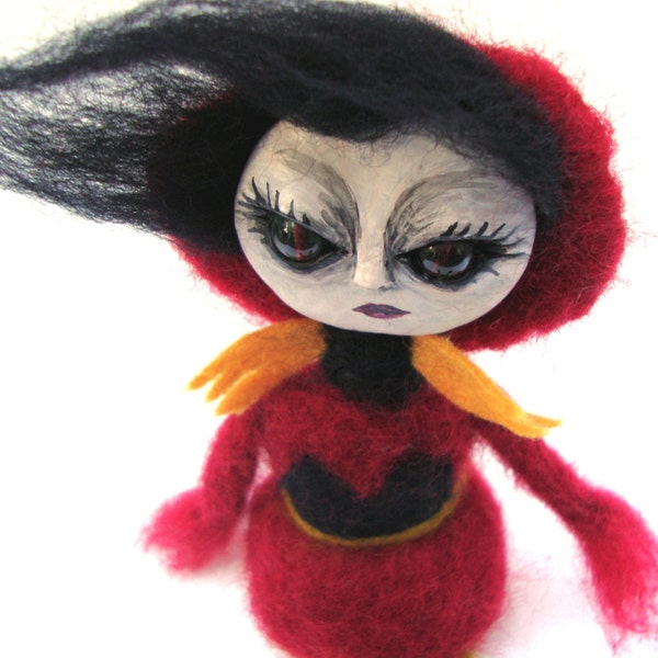 Little red witch OOAK art doll Halloween decor Needle felted goth doll Mixed media soft sculpture