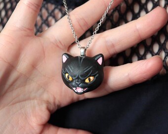 Handmade Ceramic Resin Black Cat Necklace, Hissing Kitty Pendant, Stainless Steel Chain