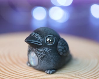 Preorder Gemstone Crow Figurine, Handmade crow miniature, Hand sculpted clay animal totem, Moonstone, labradorite, or amethyst
