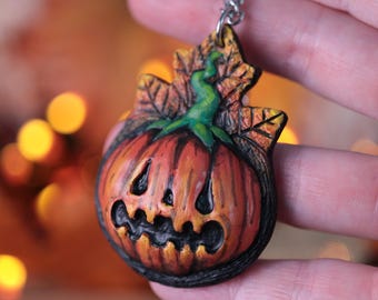 Collar de calabaza espeluznante hecho a mano, colgante grueso de Halloween, cadena de acero inoxidable