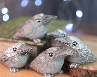 Handmade Stone Crow Figurine, Gray Raven miniature desk art