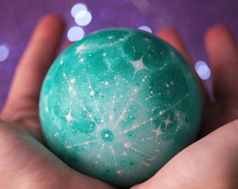 Teal Moon Orb with midcentury stars, Desk top Moon art piece, Hand painted wooden ball for tabletop, Whimsical 3D space painting