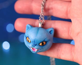Handmade Blue Cat Necklace, Sustainable jewelry, angry kitty pendant