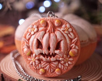 Handmade Halloween Pumpkin Pendant Necklace, Floral Jack O'Lantern, Fall Jewelry