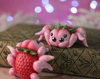 Handmade Strawberry Spider Figurine, Cute clay spider miniature charm