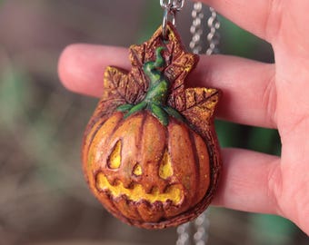 Handmade Pumpkin Necklace, Ceramic Resin Jack o'lantern pendant, Stainless steel chain