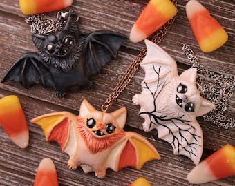 Handmade Bat Necklace, Preorder black, candycorn, or ghost bat necklace, Spooky cute wearable art, witchy accessories