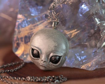 Silver Alien Necklace, Handmade Big Eyed Alien pendant