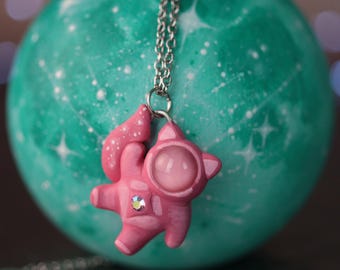 Preorder Pink Catronaut necklace with glass moonstone, Hand sculpted cat astronaut pendant, Handmade cute fantasy animal jewelry, space nerd