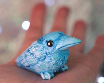 Blue Ceramic Resin Crow Figurine, Handmade Raven Miniature Sculpture