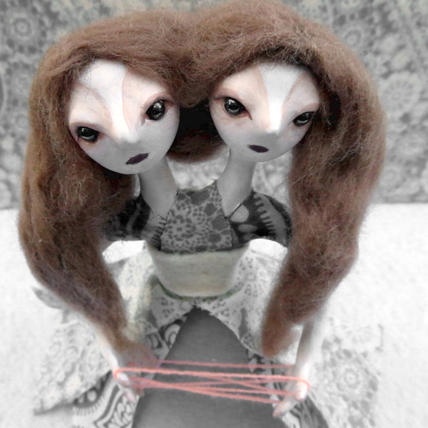 The Winter sisters Siamese twins Goth doll OOAK art doll Mixed media Girl doll Fantasy figure Polymer clay