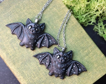 Starry Black Bat Necklace, Handmade ceramic resin bat pendant, stainless steel chain