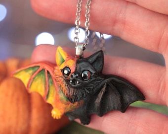 Half Autumn Bat Necklace, Handmade ceramic resin bat pendant, stainless steel chain