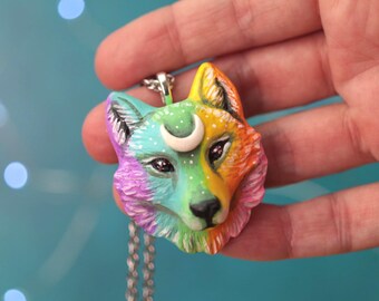 Pastel Rainbow Wolf Necklace, Handmade Ceramic resin wolf pendant