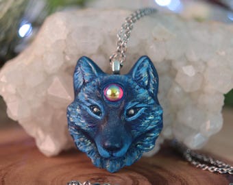 Blue Wolf Necklace with Hyacinth Glass Gem