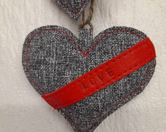 Padded Heart Hanging Decorations Grey linen with Red Real leather LOVE banner sewn on.