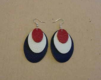 Real leather drop, oval triple earrings in red,white and blue.