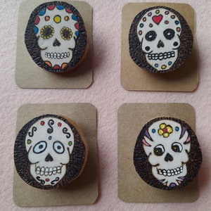 Wooden slice candy skull brooches/  Pins. Pyrography.  Handmade.  Hand painted.1 of each available