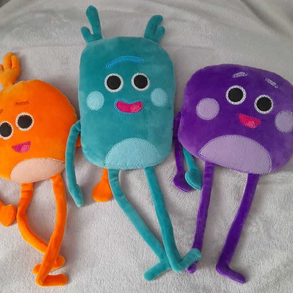 Bumble nums velour soft toys. Lovely huggable Grumble, Humble and Stumble. Appliquéd felt features.