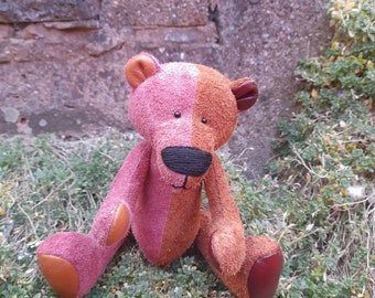 Ooak Brown/ Burgundy Real Suede/Leather Collectors Teddy Bear.Jointed.Glass eyes.