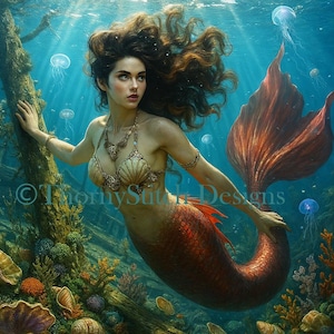 May include: A digital art image of a mermaid swimming underwater. The mermaid has long brown hair and a red tail. She wears a seashell bra and jewelry. The background features a sunken ship, coral, and jellyfish.