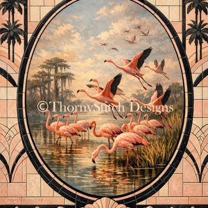 May include: An artistic depiction of flamingos in a wetland environment. The image features a flock of pink flamingos, some in flight, set against a backdrop of water, trees, and a cloudy sky. The artwork is framed with an Art Deco design.