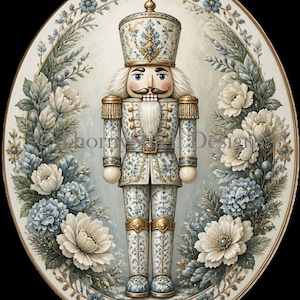 May include: An oval-framed illustration of a nutcracker wearing a uniform with a blue and white floral pattern and gold accents. The nutcracker is surrounded by a wreath of white and blue flowers, green foliage, and gold filigree details.