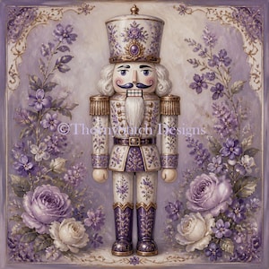 Könnte beinhalten: Eine Nussknacker-Figur mit violetten und weißen Blumenmustern, einem hohen Hut mit violettem Edelstein, weißem Bart und goldenen Epauletten, umrahmt von violetten Rosen und kleinen Blüten mit dem Schriftzug ThornyPatch Designs.