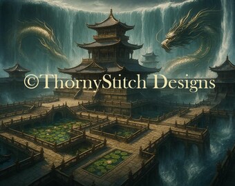 Ancient Water Pavilion - Cross Stitch Pattern PDF Download Eastern Dragon Art
