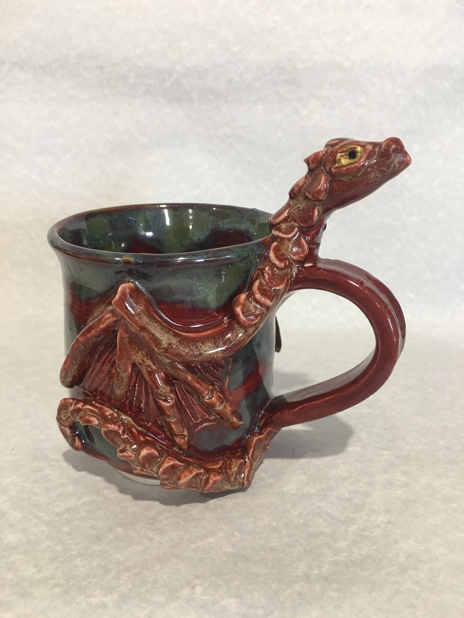 Ceramic Stoneware Dragon Mug OOAK Red Orange and Green Etsy