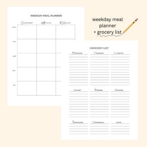 Maaltijdplanner voor weekdagen + boodschappenlijst afdrukbaar | Sjabloon voor 3 maaltijden per dag maaltijdplanning | Digitale download