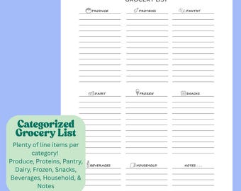 Liste d'épicerie imprimable | Liste de courses minimaliste PDF | Planificateur d'épicerie par catégorie | Téléchargement numérique