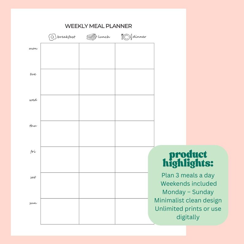 Weekly Meal Planner + Grocery List Printable | 3 Meals a Day Meal ...