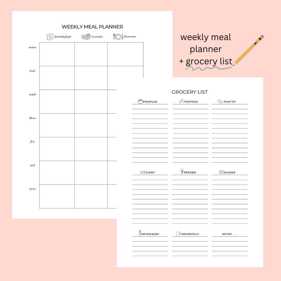 Weekly Meal Planner + Grocery List Printable | 3 Meals a Day Meal ...