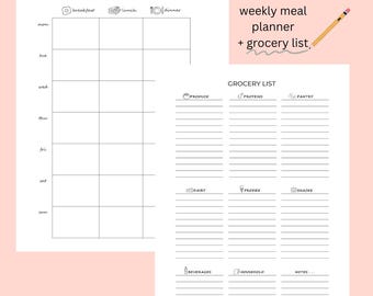 May include: A printable weekly meal planner and grocery list template. The planner has a section for each day of the week with columns for breakfast, lunch, and dinner. The grocery list is divided into categories: produce, proteins, pantry, dairy, frozen, snacks, beverages, household, and notes.