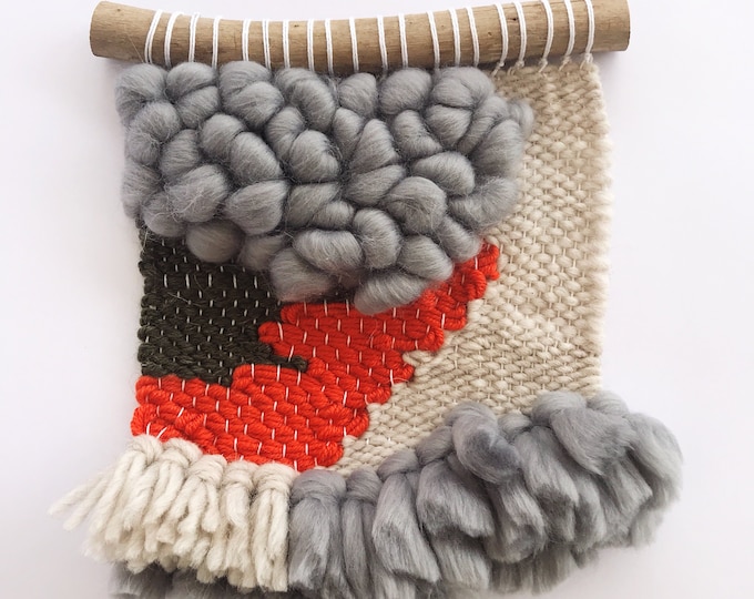 Handmade Mini Woven Wall Hanging: Abstract Orange & Grey Fiber Art