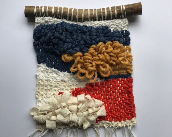 Handmade Woven Wall Hanging: Abstract Fiber Art, Blue, Mustard, Orange