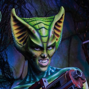 May include: A green and yellow alien creature with large ears and sharp teeth. The creature is wearing a green and yellow costume and is holding a gun.