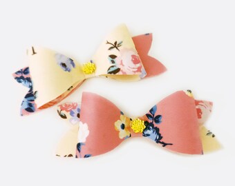 Floral Fabric Bow Headband Set, Girl Hair Clip, Gold Resin Flower