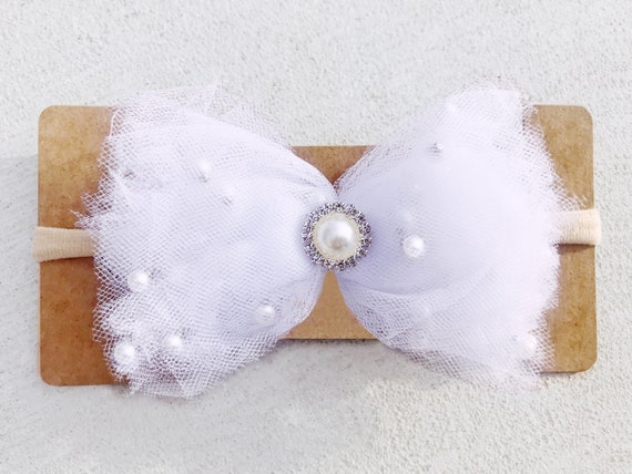 White Tulle Bow Headband: Pearl Accent, Vintage Style - Etsy display picture 3