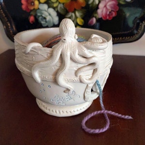 Octopus Porcelain Yarn Bowl wide base, indented rim, 3 yarn feeds. Strong and Lovable image 1