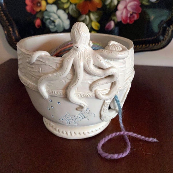 Octopus Porcelain Yarn Bowl wide base, indented rim, 3 yarn feeds. Strong and Lovable