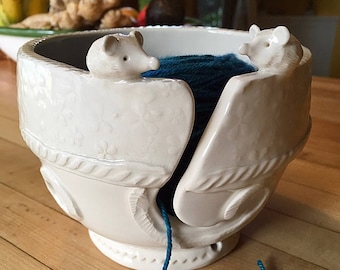 Choose a Yarn Bowl - wide base, indented rim, 3 yarn feeds. Strong and Lovable