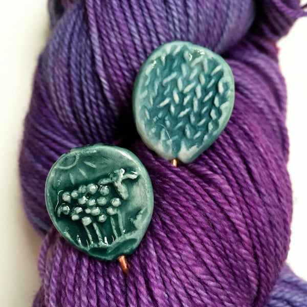 Watercolour Turquoise Sheep and Stockinette Stitch Shawl Pin  handmade clay knitting accessory imprinted on 2 sides