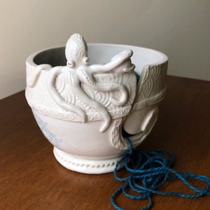Octopus Porcelain Yarn Bowl wide base, indented rim, 3 yarn feeds. Strong and Lovable image 2