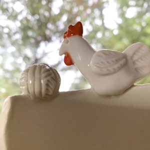 Little Chicken Porcelain Yarn Bowl wide base, indented rim, 3 yarn feeds. Strong and Lovable image 8